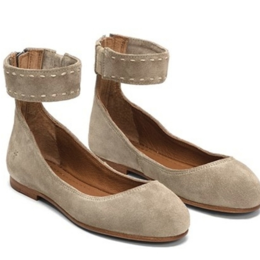 Frye ash Carson suede ballet ankle strap flats